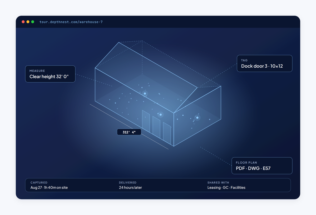 Isometric 3D capture of a warehouse showing measurements, tags and floor plan exports from a single scan.